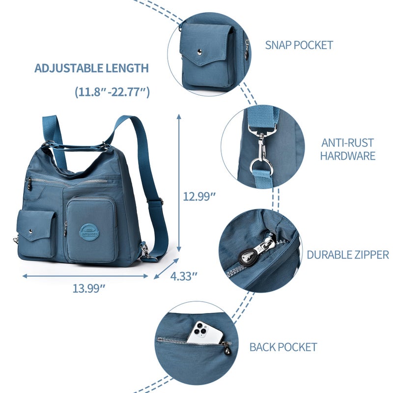 Dora & Liz Multipurpose Hobo Purse for Women with Antitheft RFID, Waterproof Nylon Crossbody Bag Shoulder Handbag, Convertible Backpack Pale Blue Large - Image 4